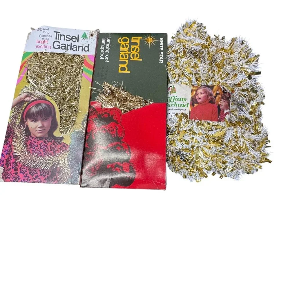 Vintage Tinsel Garland Gold White 50 Ft 15 Ft Flameproof Tarnishproof Lot 3 NEW